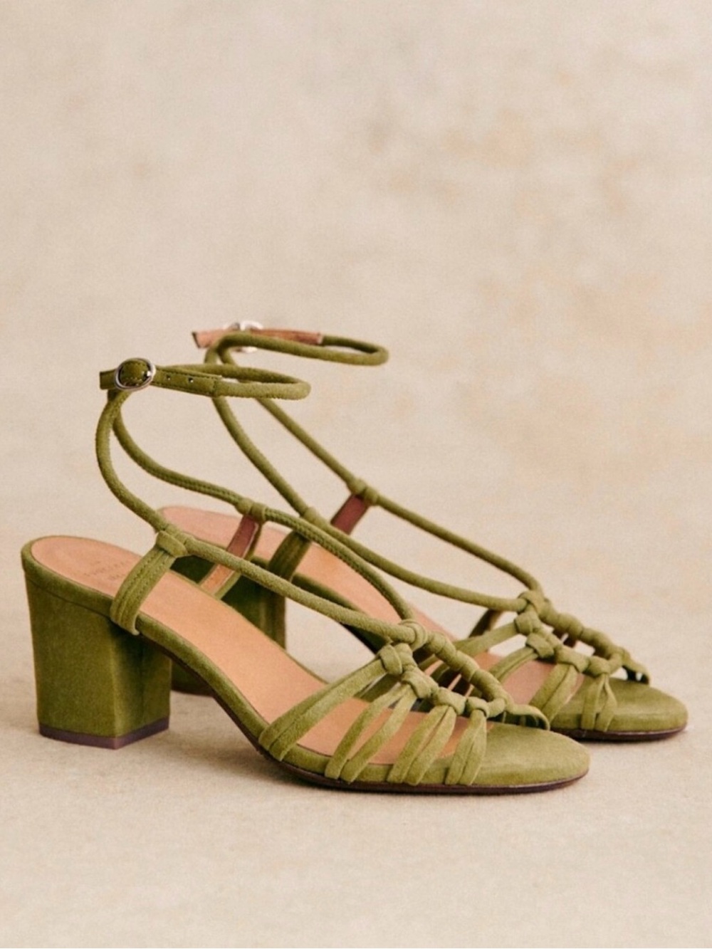Sezane Olive Strappy Knotted Block Heel Sandals